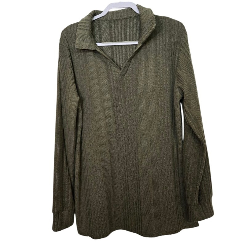 Olive Green Ribbed‎ Collared Long Sleeve Pullover Top Womens Sz XL